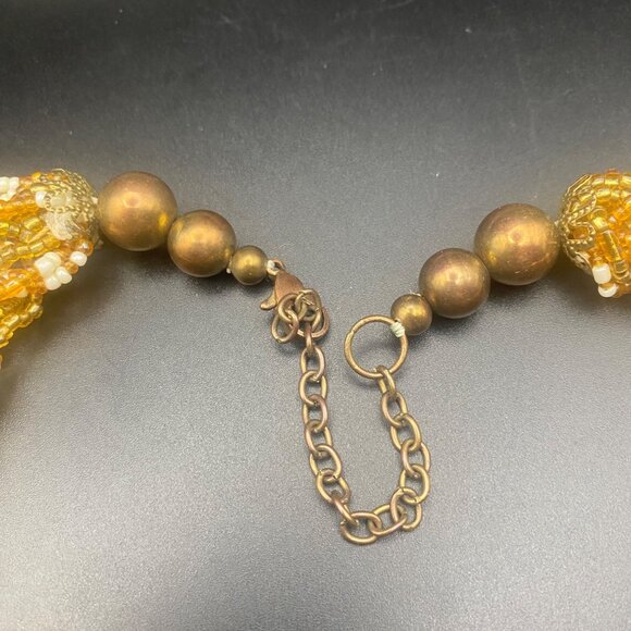 Handmade Braided Glass Seed Bead Necklace Gold Amber White Brass 19+3" Boho - Picture 4 of 7